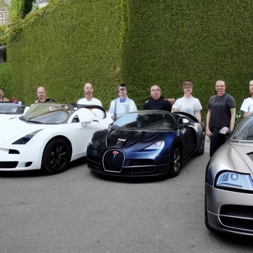 Image similar to an army of andrew tates standing next to a bugatti.