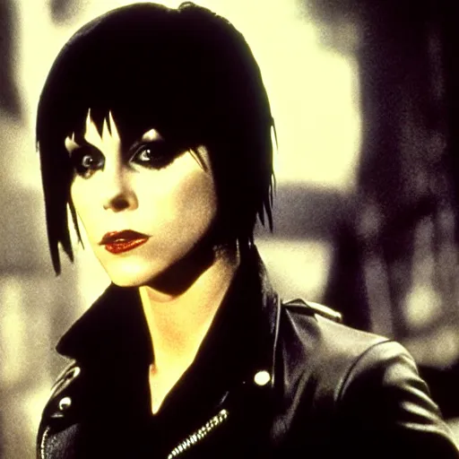 Image similar to a film portrait still of joan jett in blade runner, gritty cyberpunk atmosphere. realism, shiny, cinematic lighting, beautiful gothic fantasy photorealistic, 4 k. 8 mm. grainy. panavision.