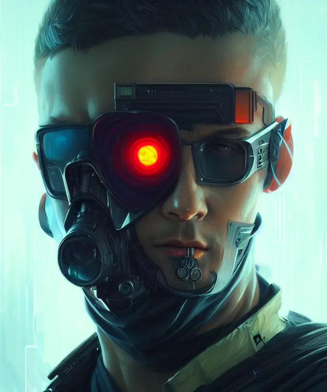 Prompt: Hacker cyberpunk man portrait, highly detailed, digital painting, artstation, concept art, smooth, sharp focus, illustration, art by artgerm and greg rutkowski and alphonse mucha
