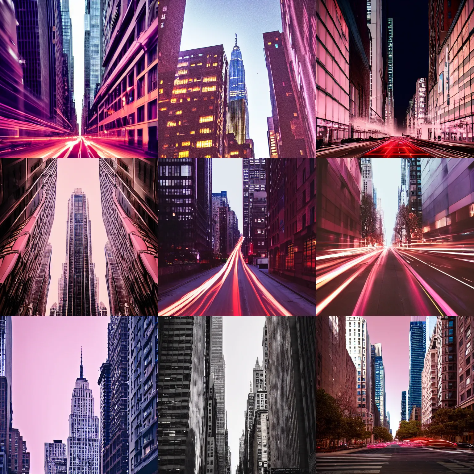 Prompt: skyscraper in the streets of new york city, vanishing point, long exposure, atmospheric, rose pink lighting, award winning photo