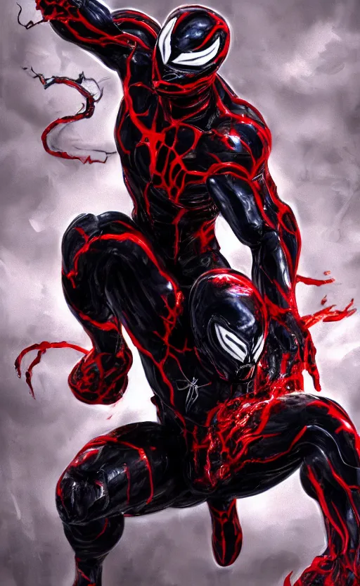 Image similar to venom in a venom inspired ironman suit, black and red, dynamic lighting, photorealistic fantasy concept art, trending on art station, stunning visuals, terrifying, creative, cinematic