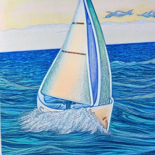 Prompt: Colored pencil art on paper, Sailboat surfing the waves, highly detailed, artstation, MasterPiece, Award-Winning, Caran d'Ache Luminance