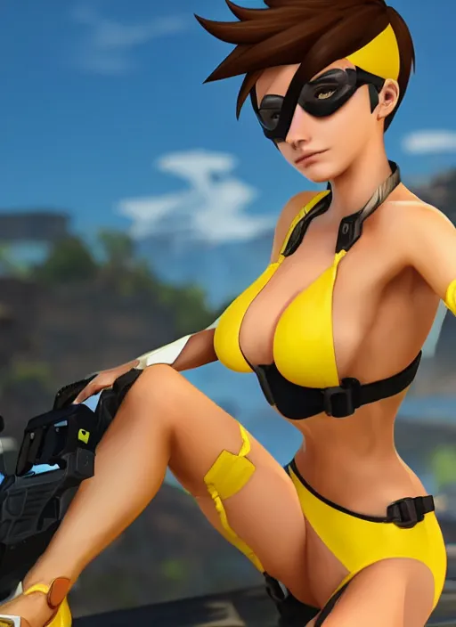 prompthunt: tracer game character, in yellow bikini thong yellow