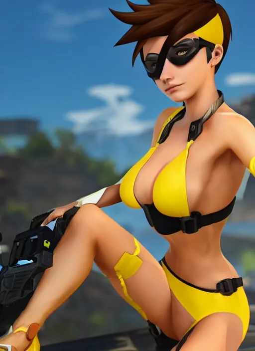 KREA - tracer game character, in yellow bikini, blonde hair, black