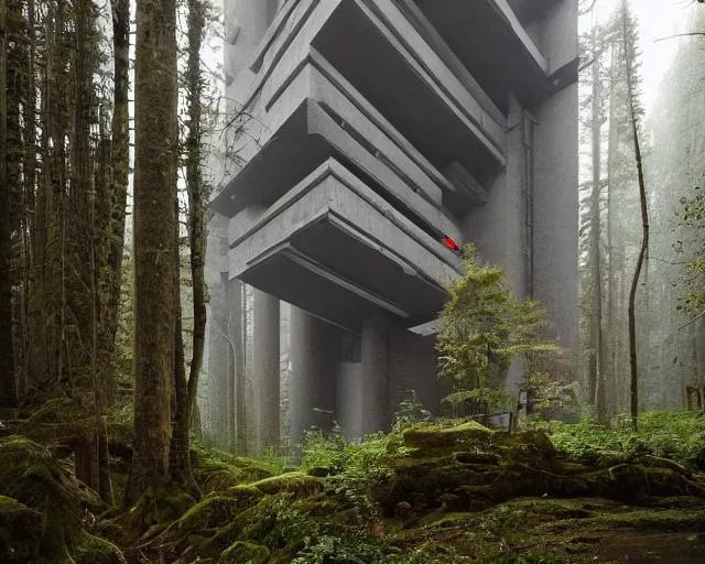 Prompt: amazing architecture, forest brutalism style, mix of paganism and cyberpunk, real structures, architectural genius, wow