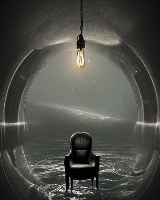 Prompt: beautiful matte painting, chair under an edison bulb in empty black space, infinite black cave lake, artgerm, steampunk, extreme contrast, sunken in black water, void