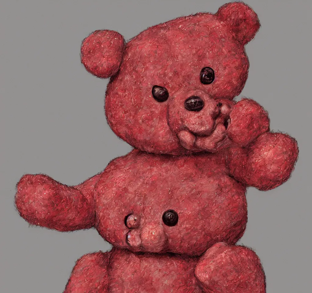 Image similar to digital art hyper realism body horror studio lighting strawberry teddy bear