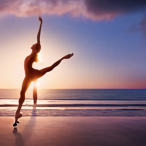 Image similar to a silhouette of a beautiful ballet dancer on a beach at sunrise, cinematic angle, studio Ghibli, volumetric lighting, breathtaking, beautiful composition, intricate, elegant, digital art, detailed, oil painting, hyperrealistic, sharp focus, 8k