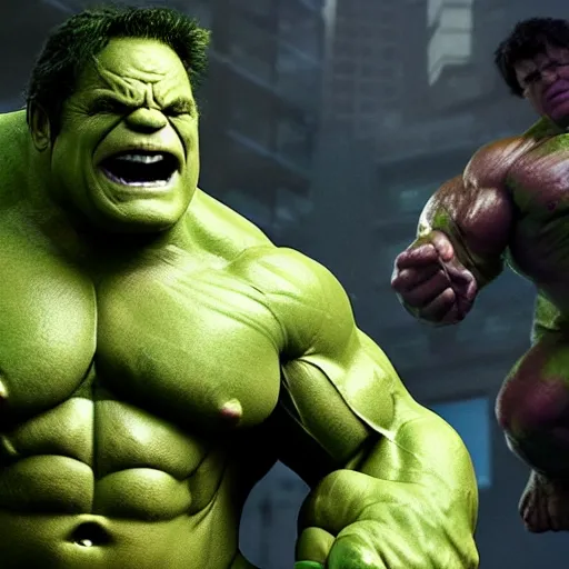 Prompt: Danny DeVito cast as The Hulk, still from marvel movie, hyperrealistic, 8k, Octane Render,