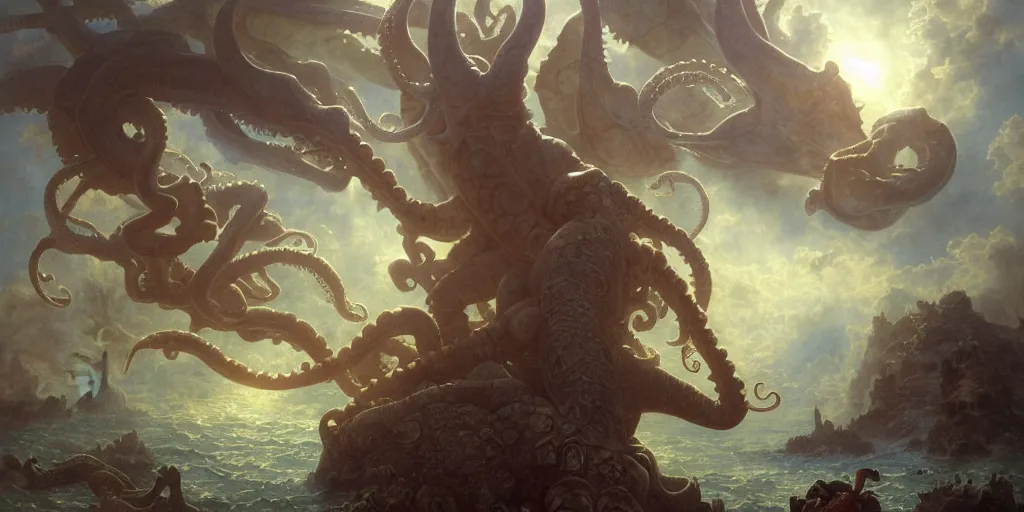 Image similar to Fantasy fairytale story, Great Leviathan Turtle, cephalopod, Cthulhu Squid Terrapin, Mysterious Island, center Universe, hybrid, Reptilian Cyborg, Mystical, Anubis Warrior, Atlantean, intense fantasy atmospheric lighting, hyperrealistic, William-Adolphe Bouguereau, François Boucher, Jessica Rossier, Michael Cheval, michael whelan, Cozy, hot springs hidden Cave, Forest, candlelight, natural light, lush plants and flowers, Spectacular Mountains, bright clouds, luminous stellar sky, outer worlds, Golden dapple lighting, Solar Flare Unreal Engine, HD,