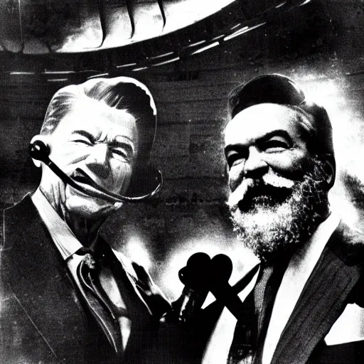 Image similar to ronald reagan and karl marx wearing giant metal shiny exoskeleton suits fighting to the death in the center of a futuristic boxing ring, distant cheering crowd, dramatic lighting, dramatic stadium lighting