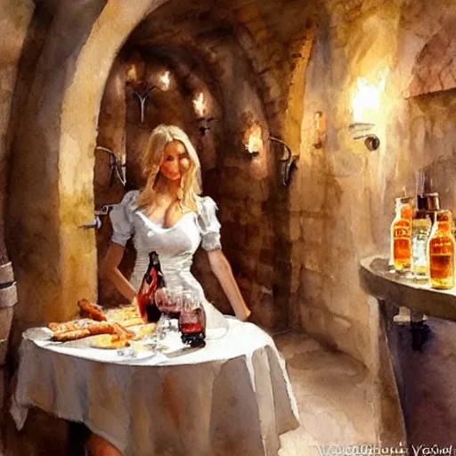 Image similar to beautiful blonde in hot dress in a wine cellar, food, pork, beer, schnapps, rustic, traditional, torches on the wall, watercolor by vladimir volegov, highly detailed, masterpiece