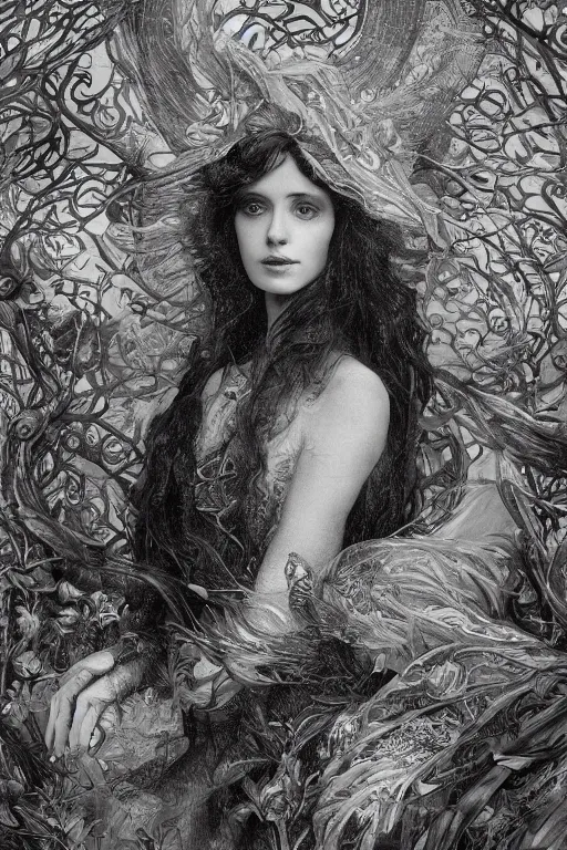 Prompt: An extremely beautiful pre-raphaelite ornate portrait of a very beautiful witch, surreal, ultradetailed, intricate, elegant, digital art painting, concept art, smooth, sharp focus, magazine art cover illustration, regal, award winning picture, extremely detailed masterpiece, sense of awe, featured on Artstation, Artgerm, winning award piece, ethereal bubbles, Aetherpunk, low-key neon lightning, stormy weather, Exquisite floral details, 8K detail post-processing, matte, oil painting