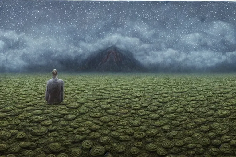 Image similar to Haunting horrifying hyperrealistic detailed painting of an ultrawide landscape showing a tall pale man sitting atop a mountain of humans in a foggy hellscape with spread out lakes of green gelatinous liquid reflective and goop, eyeballs bulging, stars in the sky, a galaxy in the sky, dystopian feel, heavy metal, disgusting, creepy, unsettling, in the style of Michael Whelan and Zdzisław Beksiński, lovecraftian, hyper detailed, trending on Artstation