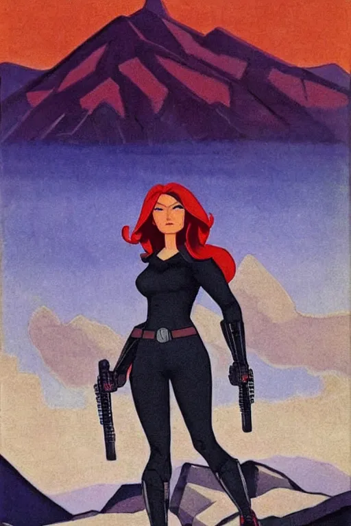 Image similar to black widow ( natasha romanova ) on mountains, marvel, artwork by nicholas roerich,