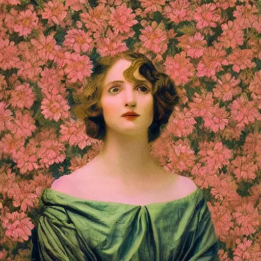 Image similar to a lot of flowers morphing in a beautiful girls face, film still by wes anderson, depicted by goya, limited color palette, very intricate, art nouveau, highly detailed, lights by hopper, soft pastel colors, minimalist