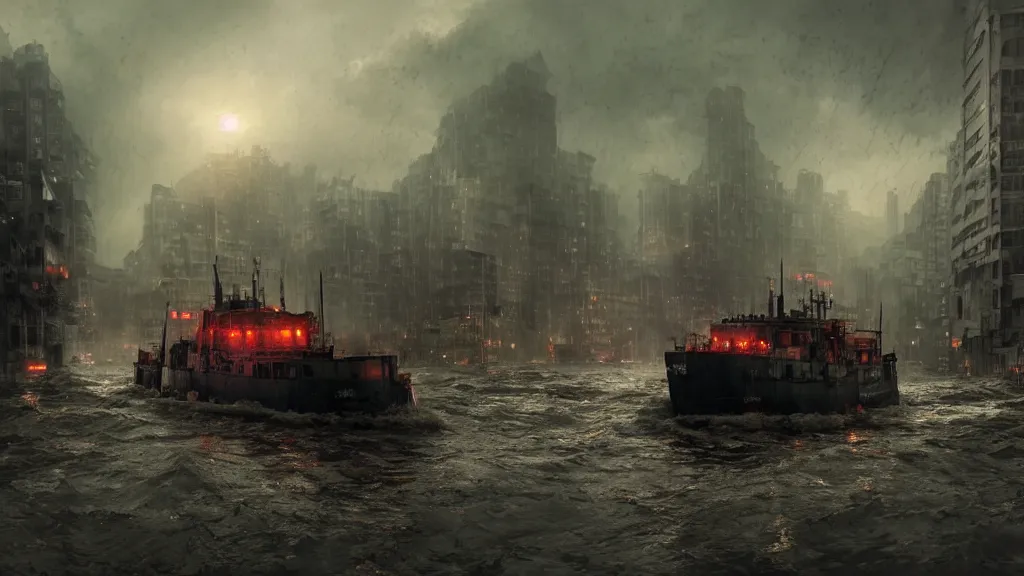 Prompt: dramatic Photorealistic,hyper detailed Matte Painting of a tug boat with bright head lights exploring post apocalyptic flooded ruined Hong Kong city street,Sunset,dark Tall empty buildings,Dark stormy waters by Greg Rutkowski,Craig Mullins,Hyperrealism,Beautiful dark dramatic moody lighting,Cinematographic Atmosphere,Volumetric light rays,VRay Rendering,8K