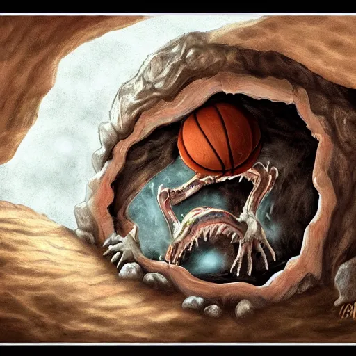Image similar to a mimic jumping out of it's disguise as a basketball inside of a cave gnarling it's teeth ready to attack, fantasy, digital painting