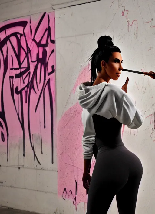 Prompt: kim kardashian doing graffiti mural in a derelict room, dust mist, rear-shot, pov from behind, very tight white leggings with a pink hoody with hood up, mold, intricate, epic lighting, cinematic composition, hyper realistic, 8k resolution, unreal engine 5