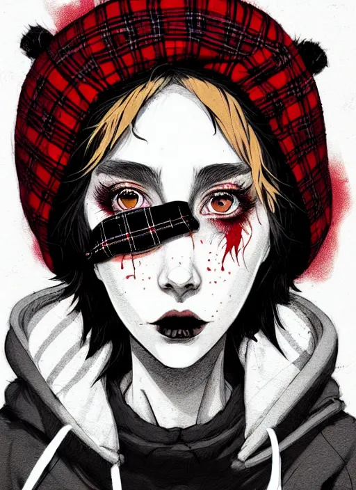 Prompt: highly detailed 3 / 4 profile portrait of an new york sewer punk lady student, eyes, tartan hoody, hat, white hair by atey ghailan, by greg tocchini, by kaethe butcher, by james gilleard, gradient red, black, brown, cream and white color scheme, grunge aesthetic!!! ( ( graffiti tag wall ) )