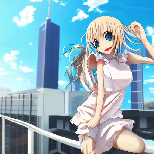 Image similar to anime girl on rooftop, yoasobi