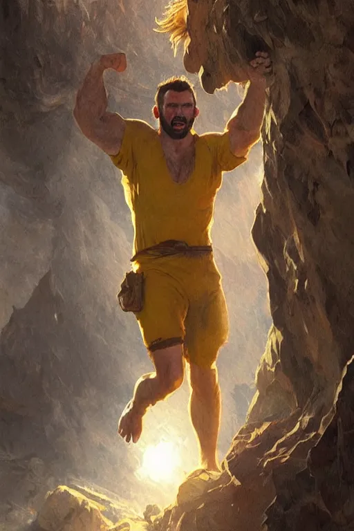 Image similar to chris evans cave man clothes fighting in the sun, yellow lighting ultra realistic photorealistic highly detailed high quality, a stunningly, digital painting, artstation, concept art, smooth, sharp focus, illustration, art by artgerm and greg rutkowski and alphonse mucha 8 k