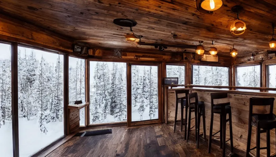 Image similar to empty cozy bar in small cabin, warm, outside winter landscape