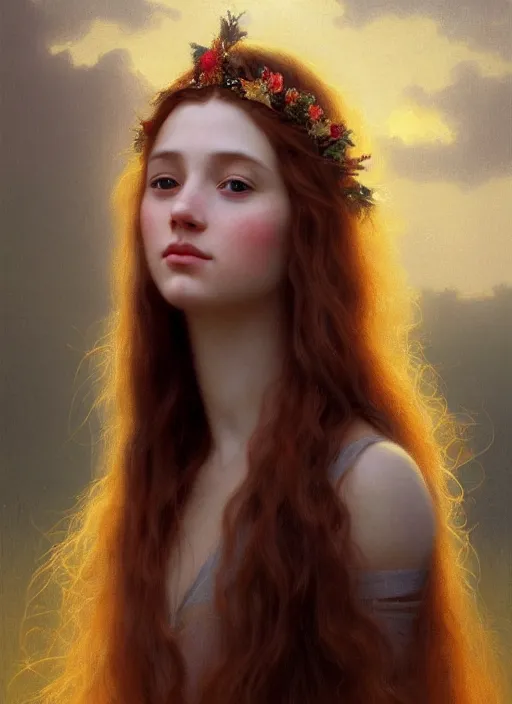 Image similar to oil painting close up portrait of a beautiful young woman with long flowing straight red hair, wearing a crown of wildflowers!! at sunset, hazy, digital art, chiaroscuro, artstation, cinematic, golden hour, digital art painting by greg rutkowski, william - adolphe bouguereau, hazy atmosphere, cinematic lighting