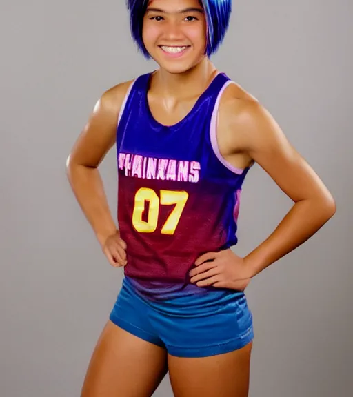 Image similar to a professional portrait of a seventeen year old hispanic filipina girl with a sporty flair, mahogany eyes, dyed rainbow hair in a short spiky pixie cut, a blue tank top, a confident smile, athletic, track star, five feet tall, athletic, warm brown eyes