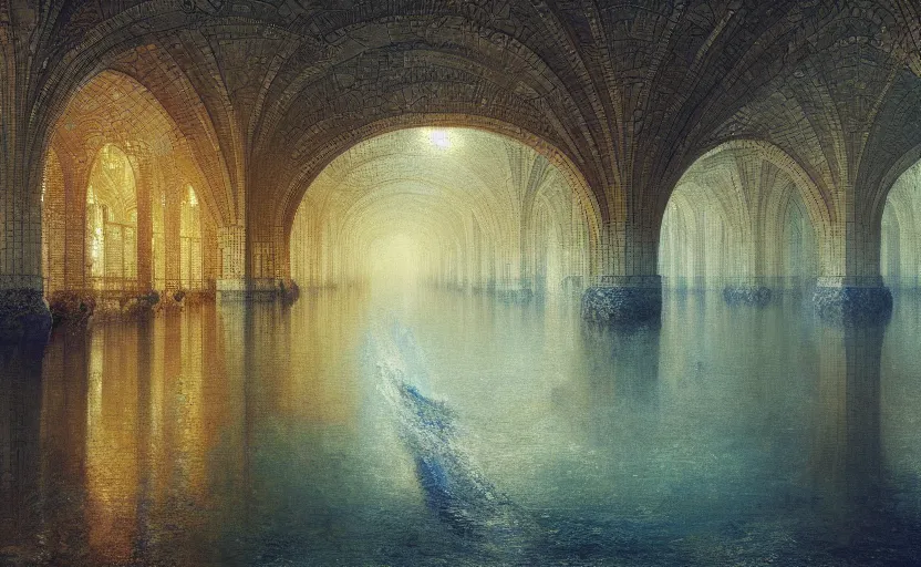 Image similar to tiled room squared waterway, aqueducts, fantasy. intricate. by artstation trending, by joseph mallord william turner, luis royo, konstantin razumov, cinematic lighting, fractal flame, highly detailed