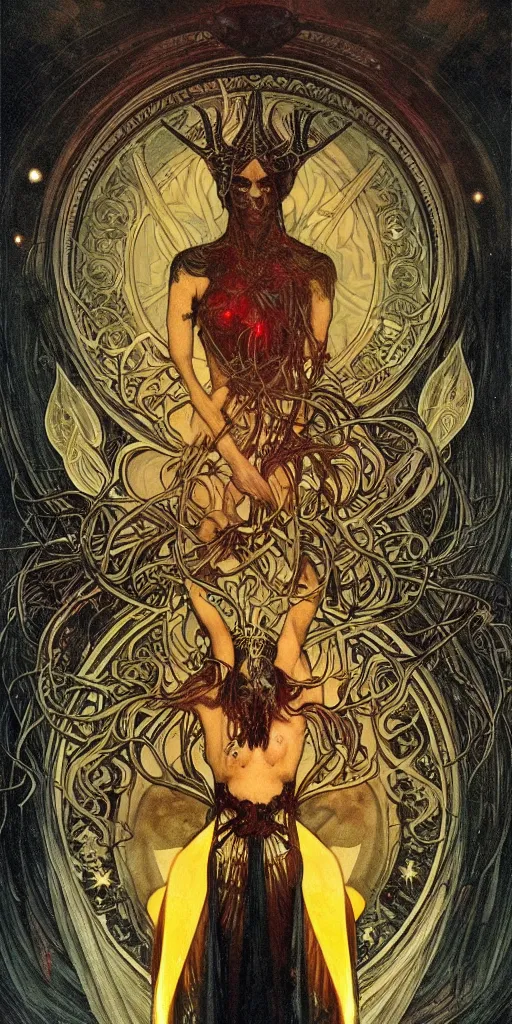 Image similar to intense glowing pagan black metal god with horns and veins and intense glowing eyes and a blood skull in very dark cosmic space by alphonse mucha and karol bak and beksinski and artgerm, portrait, fantasy, clear, light beams, lens flare, intense, uhd, amazing depth, cinematic lighting, shining gold and black and red