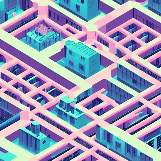 Image similar to Isometric dystopian factory, pastel color, vector art, strong lineart, by Joshua Crower, trending on artstation, 4k