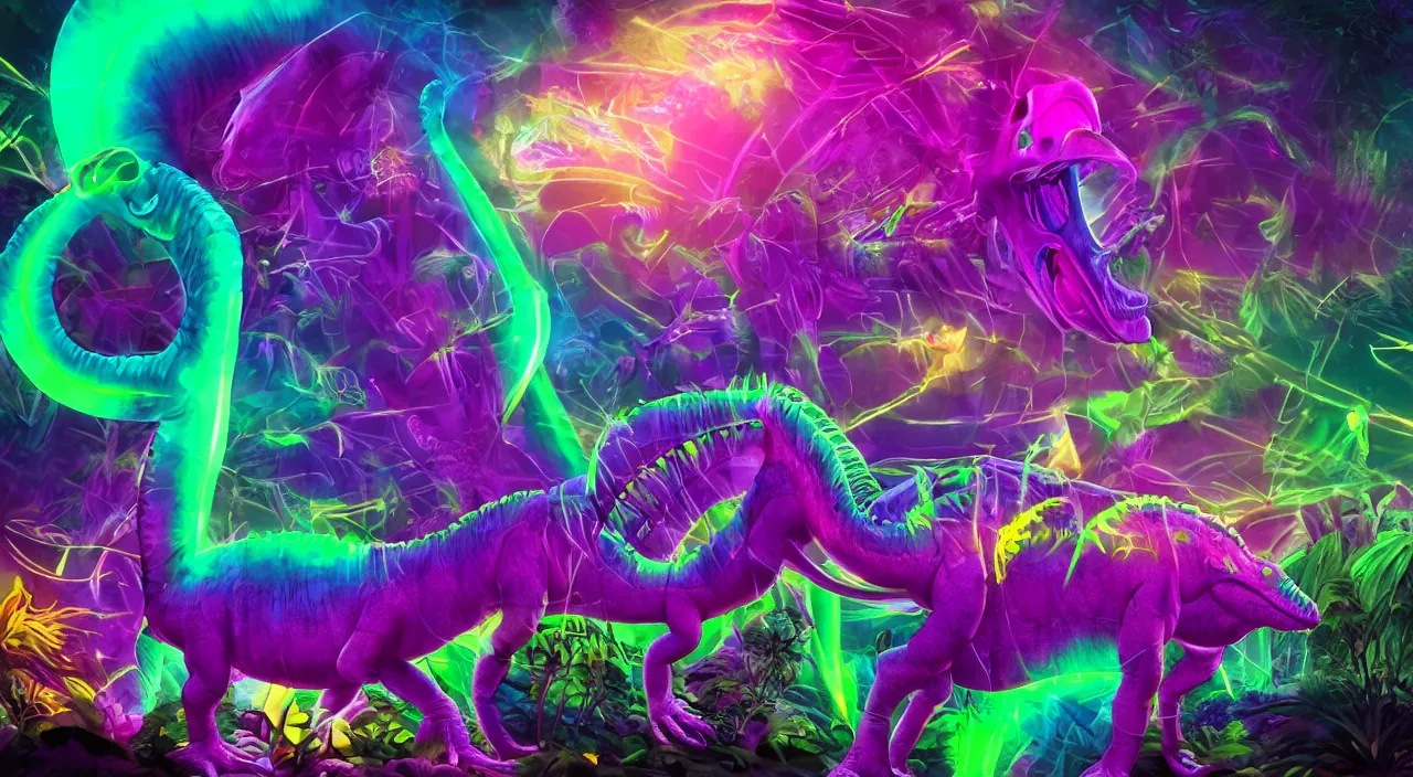 Image similar to spectral purple neon dinosaur, spectral neon pink dinosaur, spectral yellow neon dinosaur, green jungle background, detailed, ultrawide landscape