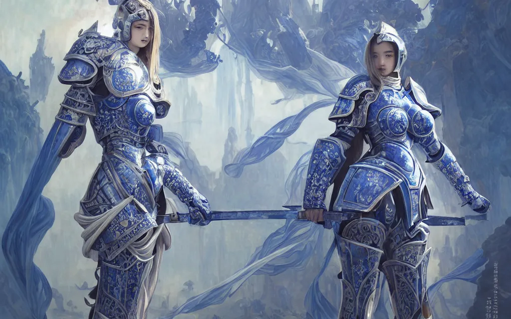 Image similar to knights of zodiac girl, chinese blue and white porcelain reflected armor, armor knight cinematic shot, in ruined agora of athens, ssci - fi and fantasy, intricate and very very beautiful and elegant, highly detailed, digital painting, artstation, concept art, smooth and sharp focus, illustration, art by tian zi and wlop and alphonse mucha