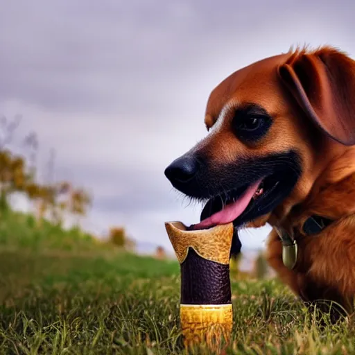 Image similar to a dog with a corn cob pipe in its mouth, award winning nature photography