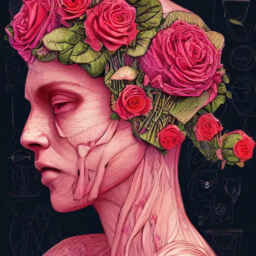 Image similar to the anatomy of a head of lettuce with roses that resemble a beautiful young wise woman, an ultrafine detailed illustration by james jean, intricate linework, bright colors, final fantasy, behance contest winner, vanitas, angular, altermodern, unreal engine 5 highly rendered, global illumination, radiant light, detailed and intricate environment