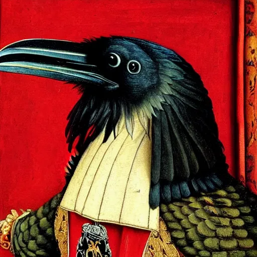 Image similar to a highly detailed painting of a raven, dressed in elegant tudor clothes, inside a room with thick red tapestries, by hans holbein