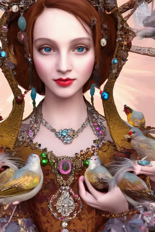 Image similar to face closeup, 3 d render of english princess holding birds, ornaments, jewels, diamonds, mucha vibe, dieselpunk, solarpunk, artstation