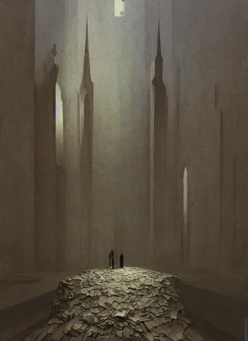 Image similar to crumbled paper bag paper cathedral inside paper bag crumbled Edward Hopper and James Gilleard, Zdzislaw Beksinski, highly detailed