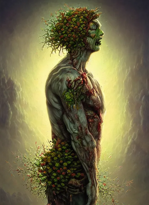 Image similar to zombie with flowers sprouting out of his body, in the style of tomasz alen kopera and fenghua zhong and peter mohrbacher, mystical colors, rim light, beautiful lighting, 8 k, stunning scene, raytracing, octane, trending on artstation