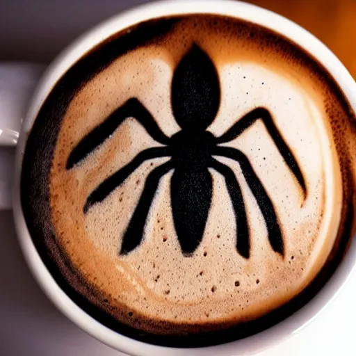 Image similar to cup of coffee, latte art of spider - man face, photo real, warm lighting, coffee shop background, zoomed in on top of cup.