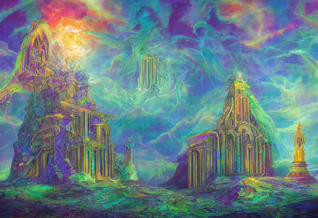 Image similar to iridescent temple of sleep advanced architecture dreamer mythos phantasms, award winning oil painting, polychromatic spectrum