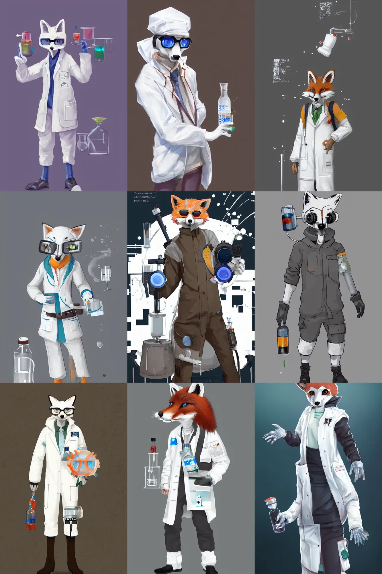 Prompt: a scientist fox fursona wearing a white work uniform doing chemical experiments in his labor trending on artstation by kawacy furry art digital art cyberpunk high quality