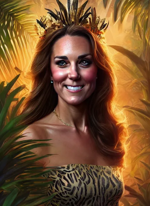 Image similar to kate middleton as jungle queen, intricate, elegant, glowing lights, highly detailed, digital painting, artstation, glamor pose, concept art, smooth, sharp focus, illustration, art by artgerm and greg rutkowski, artey freytag