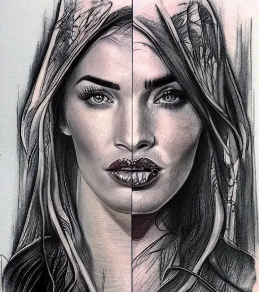 Prompt: realism tattoo sketch of a megan fox face double exposure effect with mountain scenery, in the style of matteo pasqualin, amazing detail, sharp, faded