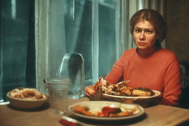 Image similar to soviet movie still a soviet woman sitting at a table next to the window with food, dark warm light, a character portrait by margarita terekhova, movie stalker solaris film still by andrei tarkovsky, 8 k, 1 9 8 4, close - up bokeh, gelios lens, color, noir