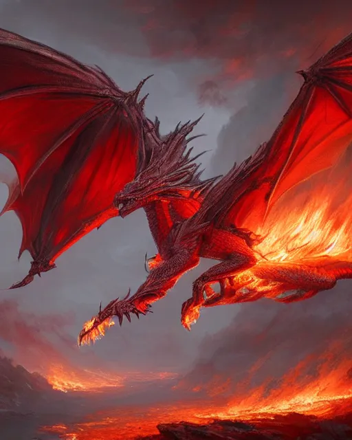 Prompt: A red dragon as a phoenix flying while breathing out a massive fire, epic, highly detailed, close-up, fantasy art, dragon art, in the style of greg rutkowski, illustration, epic, fantasy, intricate, hyper detailed, artstation, concept art, smooth, sharp focus, ray tracing