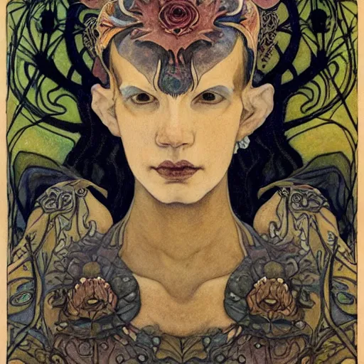 Prompt: the bone crown, by Annie Swynnerton and Nicholas Roerich and (((Diego Rivera))) and (((Edmund Dulac))), bioluminescent skin, floral tattoos, goth, elaborate costume, geometric ornament, symbolist, rich colors, dramatic lighting, smooth, sharp focus, extremely detailed