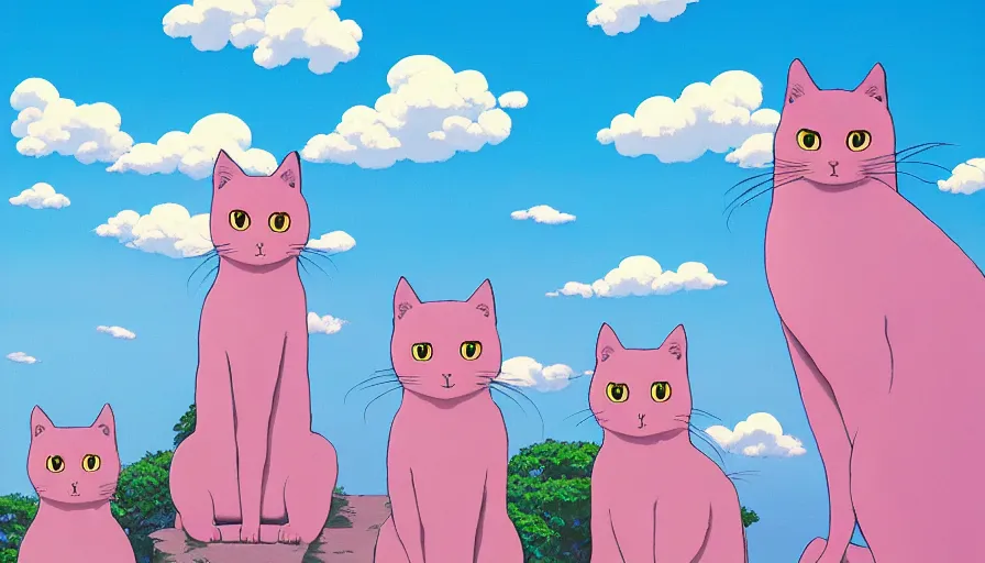 Prompt: highly detailed contemporary acrylic painting of really tall sitting cats by studio ghibli, thick brush strokes and visible paint layers, glistening clouds in background, light blue black, white and pink vivid pastel color scheme