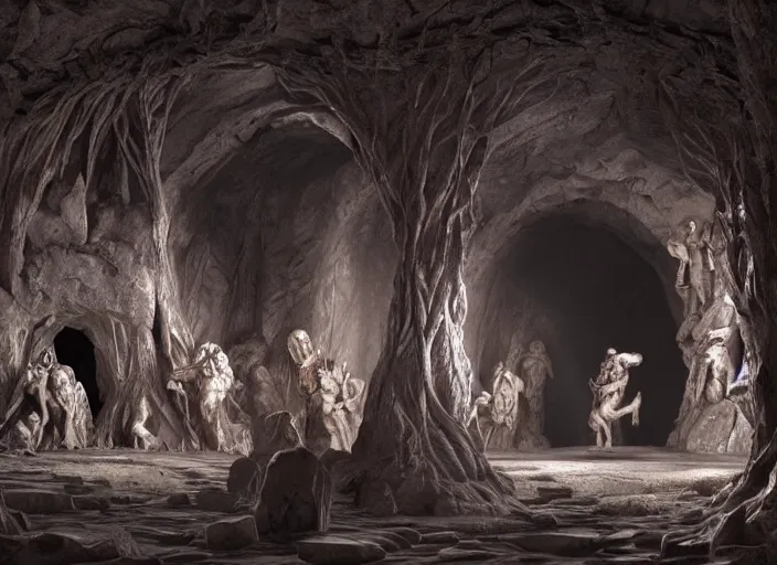 Prompt: underground cavern. carved archway imposing stone ( 8'tall ). decorative carvings ( people writhing in agony, some with dissolving flesh, others skeletal ). edgar maxence and caravaggio and michael whelan and delacroix style, artistic, intricate painting, cinematic lighting, hyper realistic, extremely detailed, vivid colors, establishing shot, dramatic lighting.